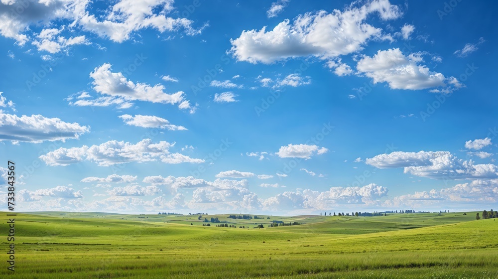 AI generated illustration of a peaceful prairie panorama with rolling green hills