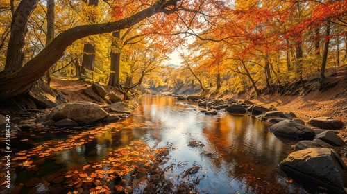 AI generated illustration of an autumnal river reflecting autumn colors on a calm river