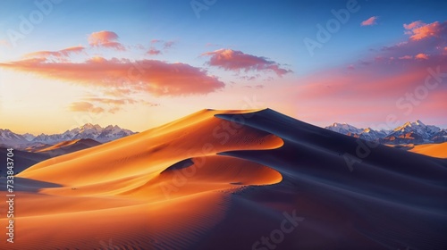 AI generated illustration of a rugged desert landscape with towering sand dunes