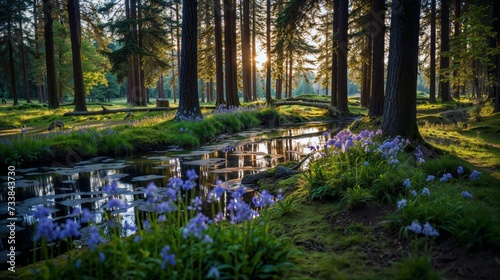 AI generated illustration of a tranquil forest glade with a carpet of wildflowers