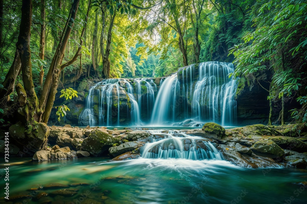 AI generated illustration of a cascading waterfall nestled in the heart of a lush jungle