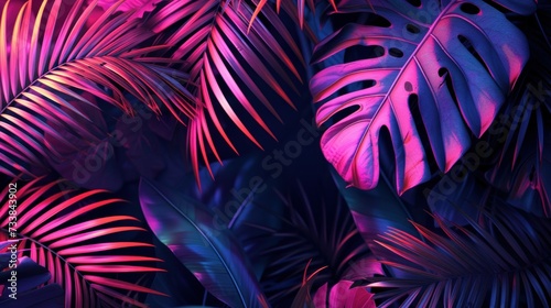 Creative fluorescent color layout made of tropical leaves. Flat lay neon colors. Nature concept