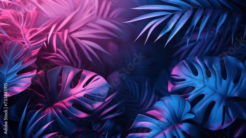 Creative fluorescent color layout made of tropical leaves. Flat lay neon colors. Nature concept