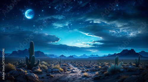 AI illustration of a desert landscape with cacti and succulents under a starlit night sky.