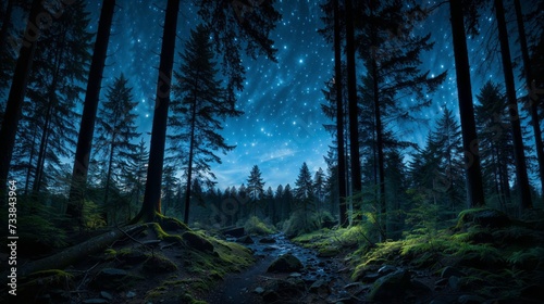 AI illustration of a dense forest under a clear starry sky. © Wirestock