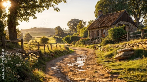 a quaint countryside scene unfolds with a patchwork of fields, iconic farmhouses. photo
