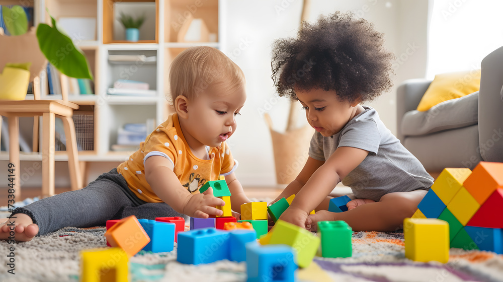 Two kids playing with colorful blocks on the floor in children's room Two kids playing with colorful blocks on the floor in children's room