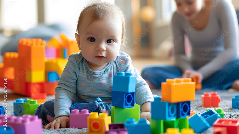 Two kids playing with colorful blocks on the floor in children's room Two kids playing with colorful blocks on the floor in children's room