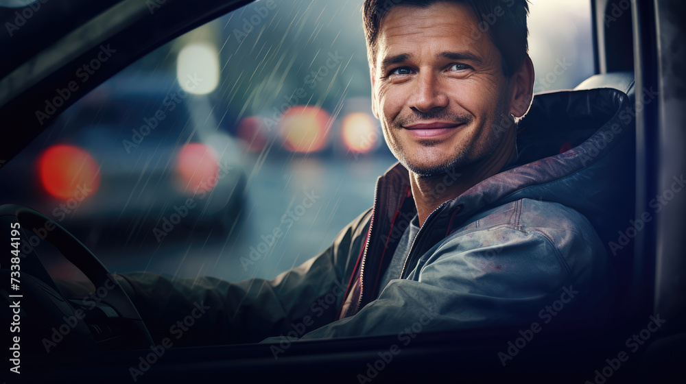 Obraz premium Portrait of Driving instructor in car on a blurred background