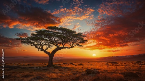 AI generated illustration of a peaceful sunset ending the day in the African savannah