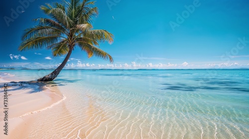 AI generated illustration of a secluded beach  soft white sand  turquoise blue waters  palm trees