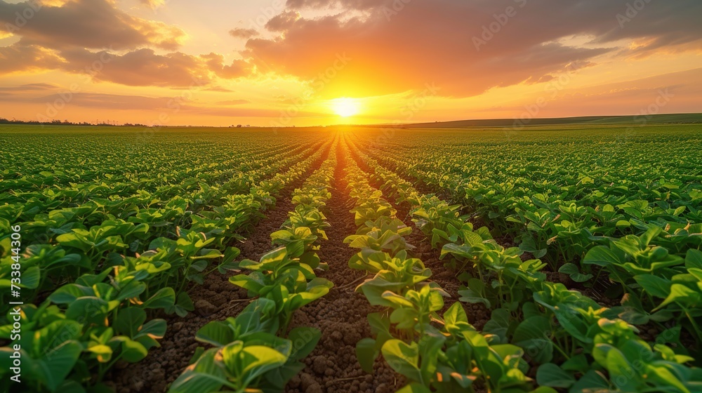 Portrait of a vast field of soybeans at sunrise