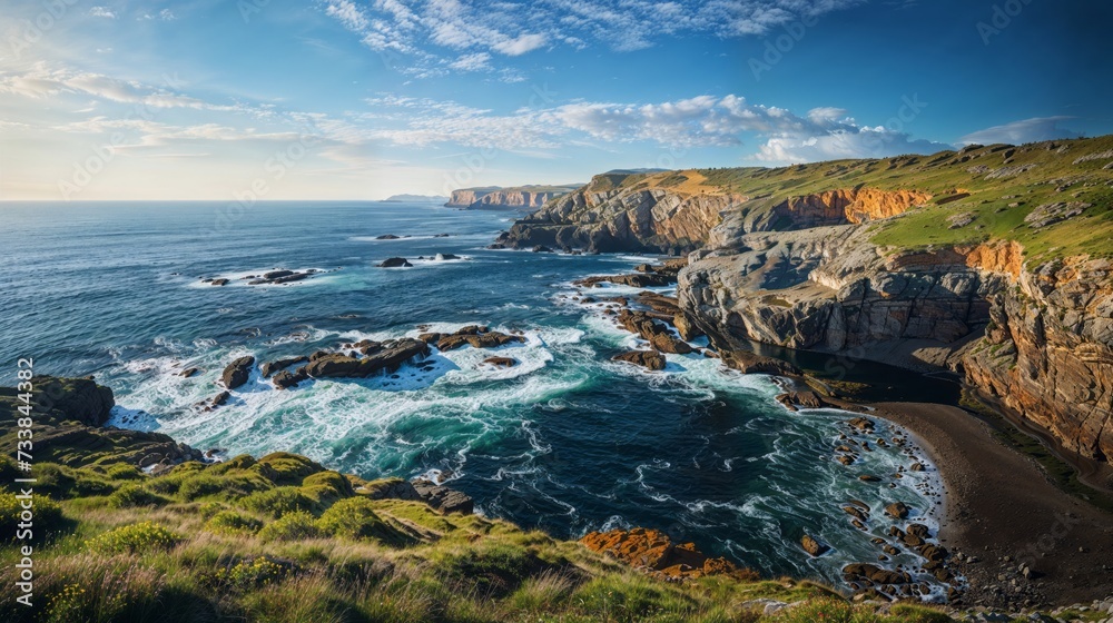 AI generated illustration of cliffs standing sentinel against a calm sea in a coastal symphony AI generated illustration of cliffs standing sentinel against a calm sea in a coastal symphony