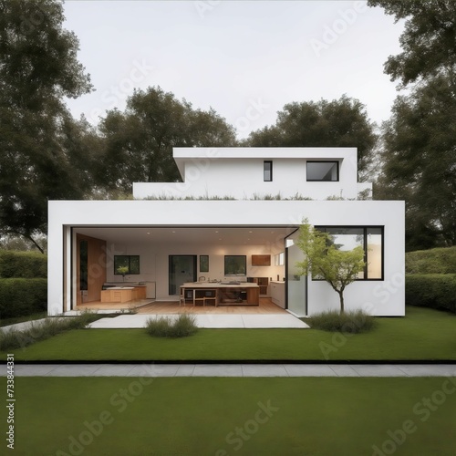 modern home with large grass area, and covered patio area © Wirestock