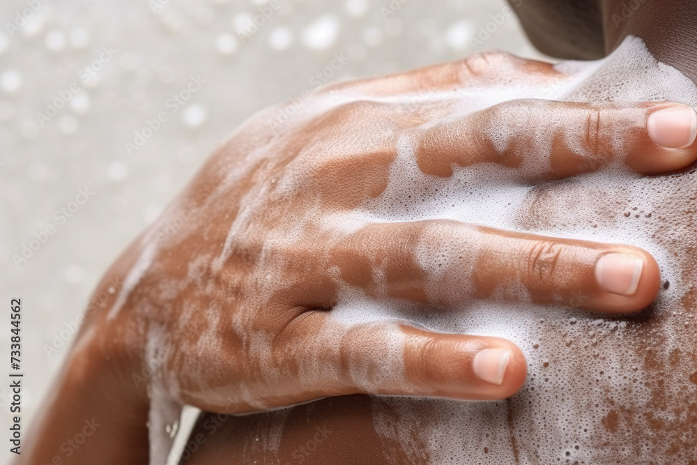 Close-Up of a Person Showering With Soap Suds on Skin Close-Up of a Person Showering With Soap Suds on Skin