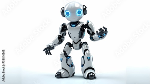 AI generated illustration of a small cute white robot with glowing blue eyes © Wirestock