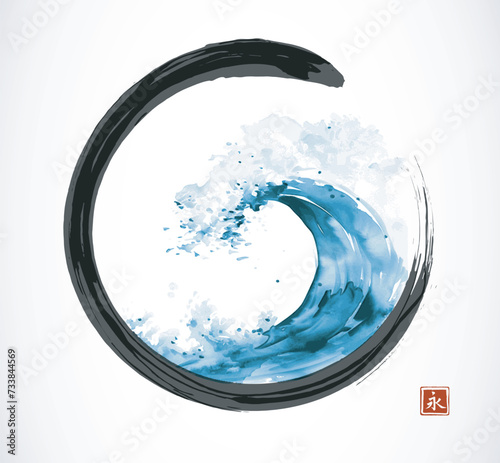 Ink wash painting of the blue wave in black enso zen circle. Traditional oriental ink painting sumi-e, u-sin, go-hua. Translation of hieroglyph - eternity