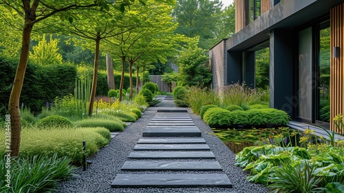 A garden path made of stone and cement. With green grass and ornamental plants © MINHO