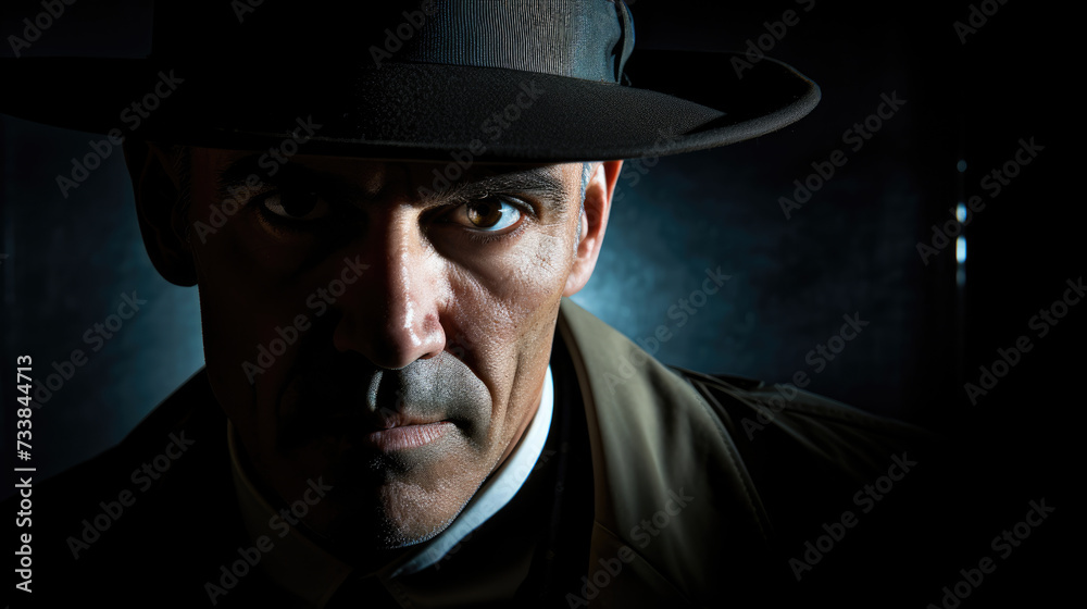 Man in a raincoat with a hat at night. Portrait of a detective in the shadows
