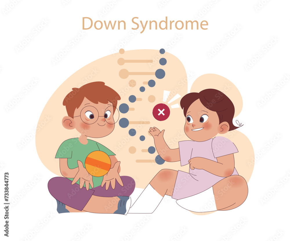 Down Syndrome concept. Children sharing a playful moment, with genetic markers. Awareness and inclusivity in childhood. Down Syndrome concept. Children sharing a playful moment, with genetic markers. Awareness and inclusivity in childhood.