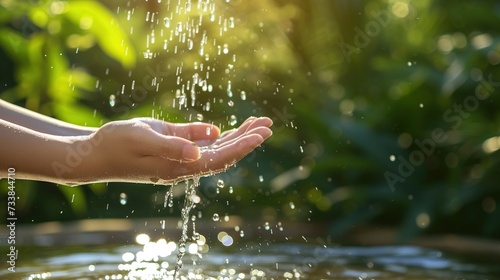 A woman s hand draws clear water from a spring by hand  the water splashing like crystals.