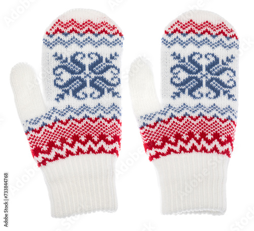 Nordic pattern woolen mittens isolated on white