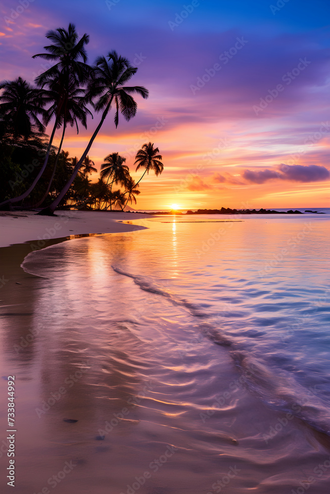 Serene Tropical Beach Landscape at Sunset: A Perfect Destination for Relaxation and Serenity