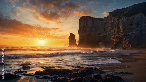 AI generated illustration of ocean cliffs coastline against a calm sea in a coastal symphony