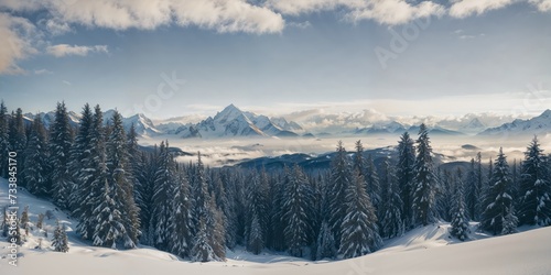 AI generated illustration of a forest and mountains in a snowy landscape in winter