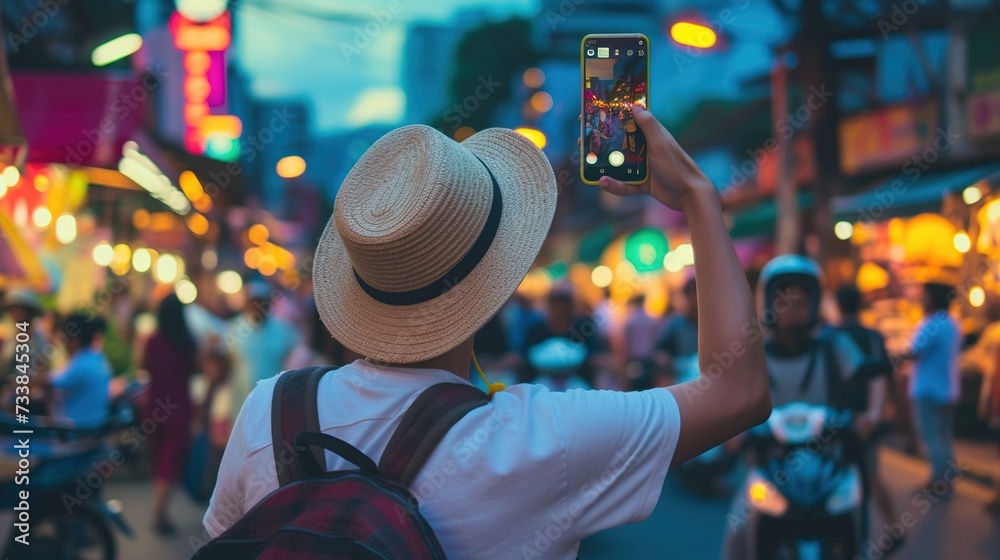 a person, seen from behind, taking a selfie in a bustling street market.
