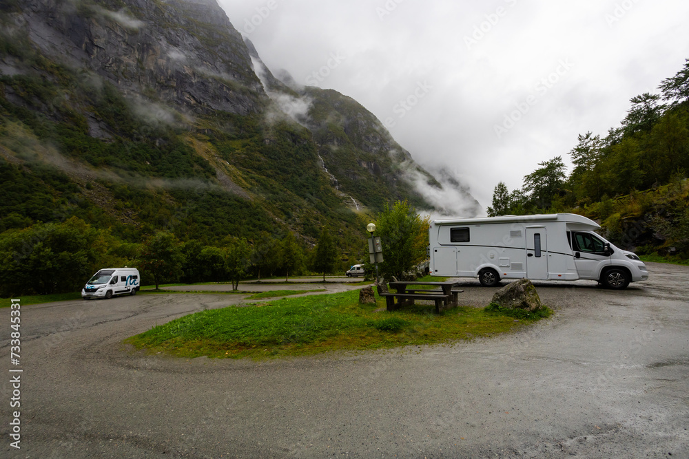 Motorhome camper in Briksdal glacier valley in south Norway, Europe.