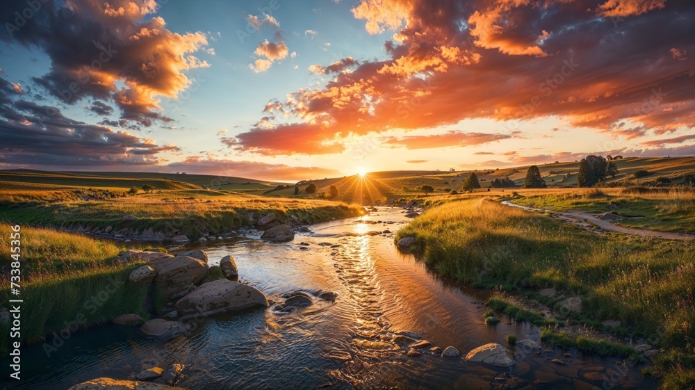 a small river surrounded by grass and rocks under an orange sky - obrazy, fototapety, plakaty 