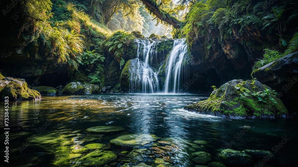 a waterfall flowing through a forest filled with greenery with rocks and grass on both