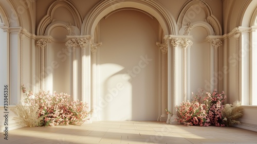 A baroque with bunch of flowers on the wall. Wedding background decoration concept. © MINHO