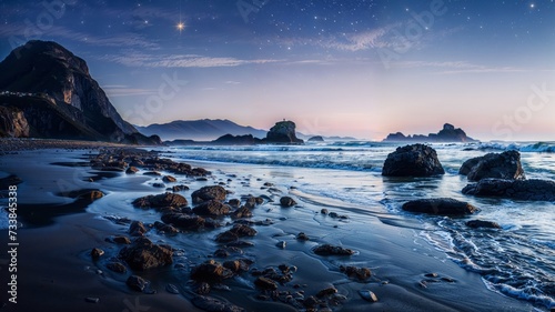 beach scene with milky and stary sky at night time