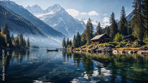 a boat is on the water in front of a mountain range