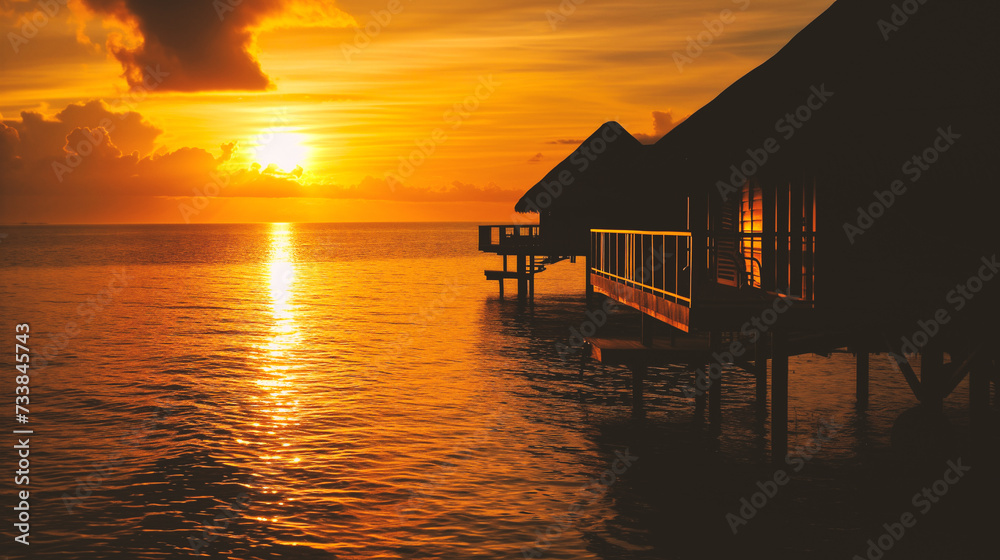 Beautiful sunset over the sea with wooden bungalows Beautiful sunset over the sea with wooden bungalows