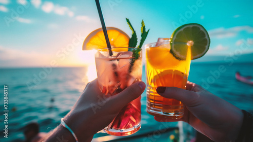 Cocktails on the background of the sea and the sky.