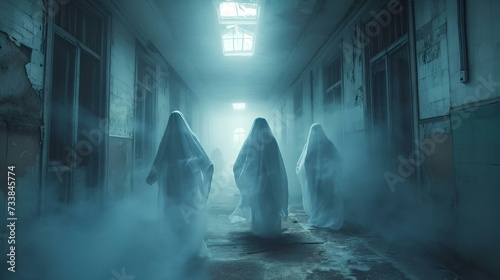 Three ghosts walking through a sunlit hallway, AI-generated. photo