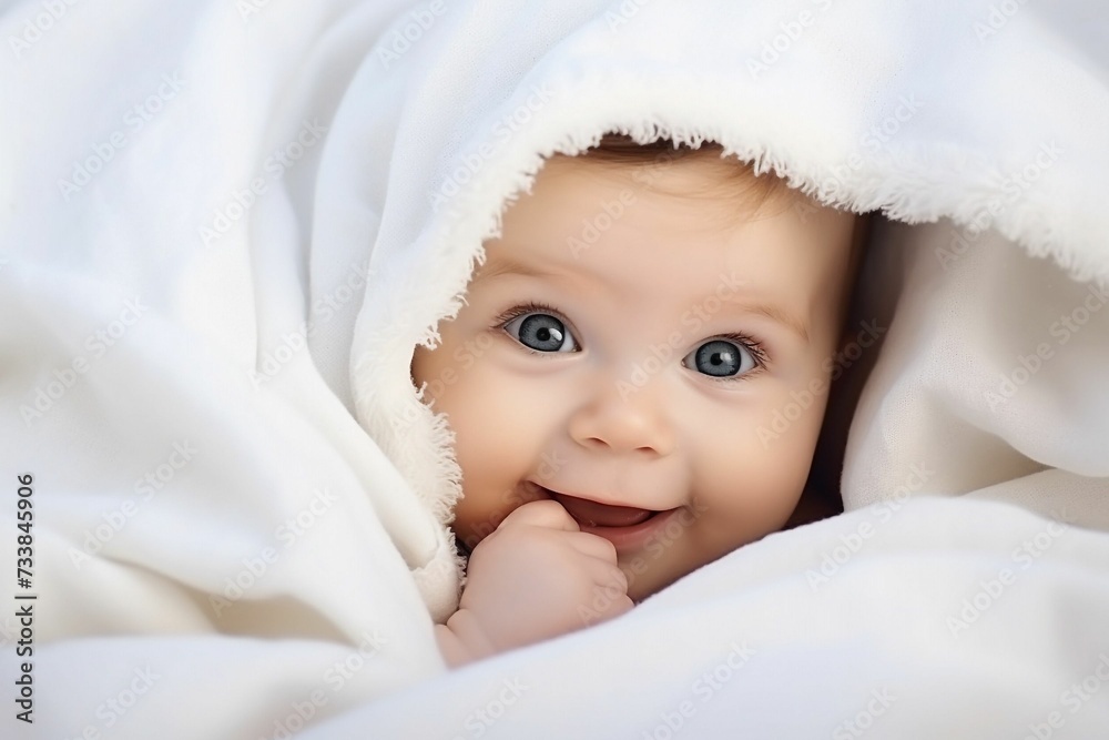 AI generated illustration of an adorable baby wrapped in a white, soft blanket AI generated illustration of an adorable baby wrapped in a white, soft blanket