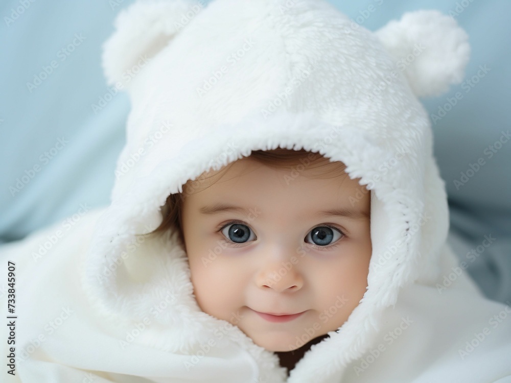 AI generated illustration of an adorable baby wrapped in a white, soft blanket AI generated illustration of an adorable baby wrapped in a white, soft blanket