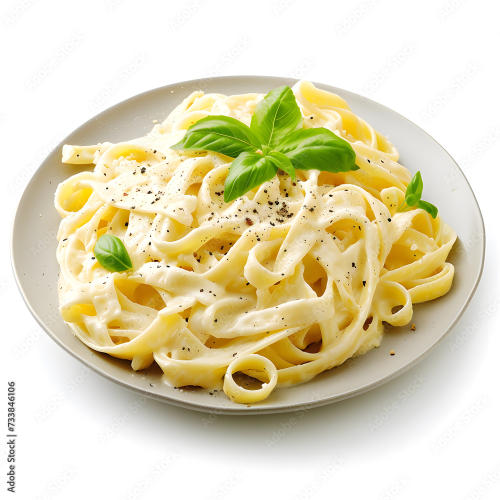 Plate of fettucini alfredo with garnish isolated on white background for menu. Italian pasta dish food