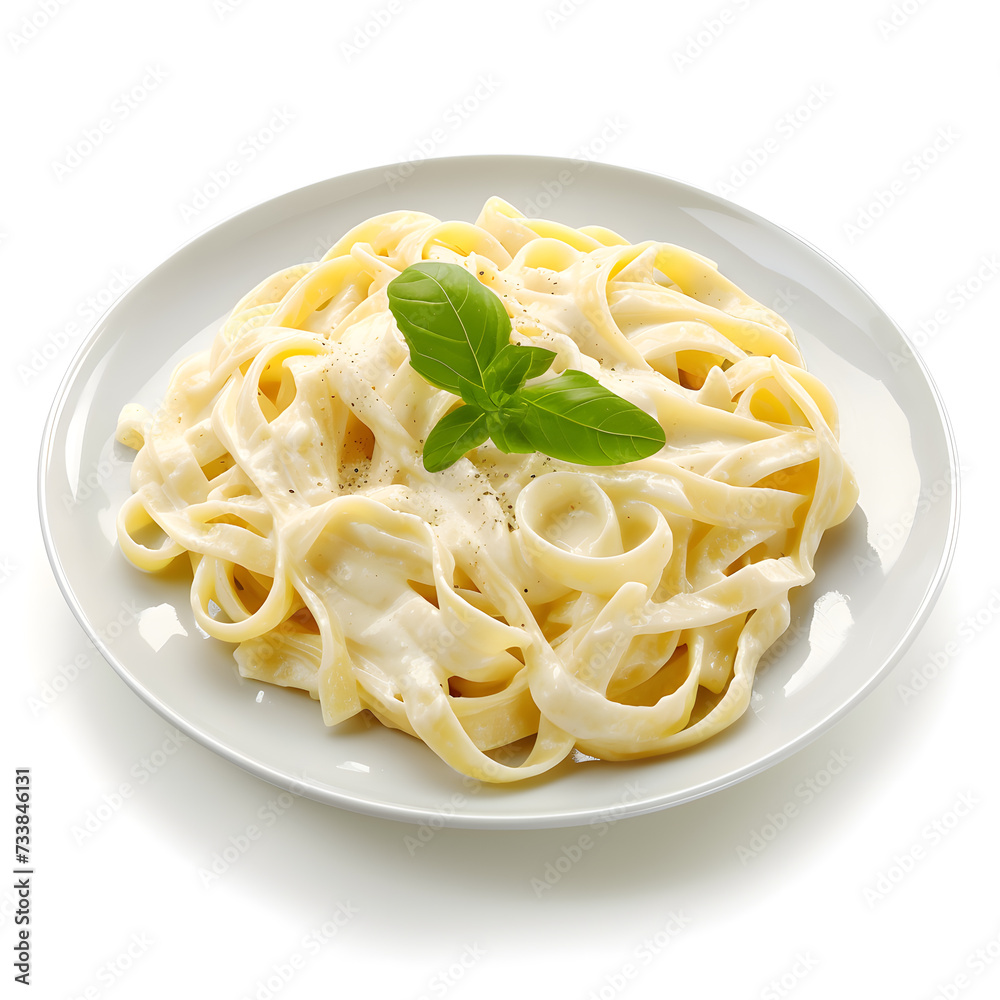 Plate of fettucini alfredo with garnish isolated top view on white background for menu. Italian pasta dish food