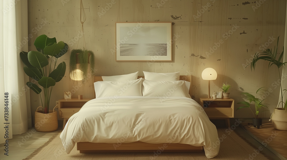 Minimalist Bedroom Design with Natural Wood Furniture and Indoor Plants