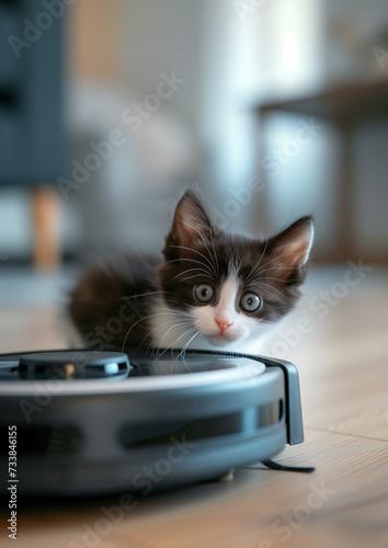 Cute purebred funny kitten explores modern vacuum cleaner robot smart device while cleaning living room laminate floor. Allergy prevention during home pets Fur Moulting, smart home technology concept. © Soloviova Liudmyla