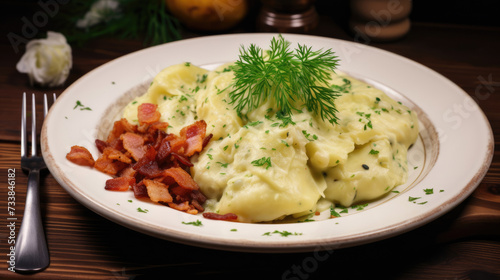 Traditional Czech Tender potato dumplings with bacon and cabbage