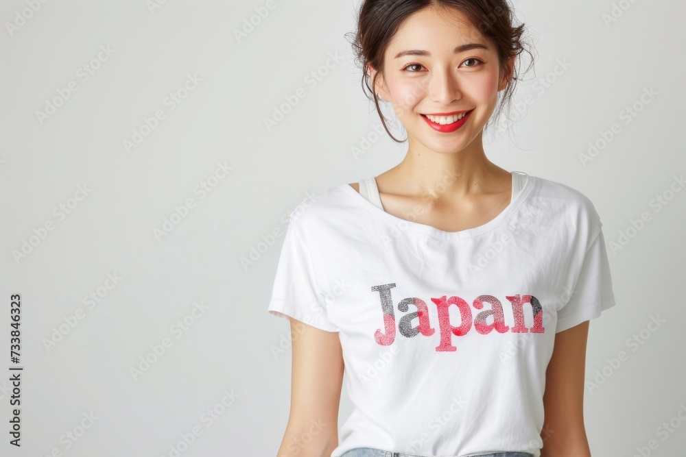 Fototapeta premium JapanのTシャツを着て日本を応援する笑顔の日本人女性（白背景・オリンピック・日本代表）