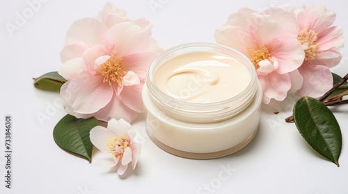 Cream with extract of Camellia on a light background