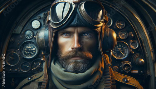 AI generated illustration of a bearded pilot in vintage aviator gear stands next to a biplane