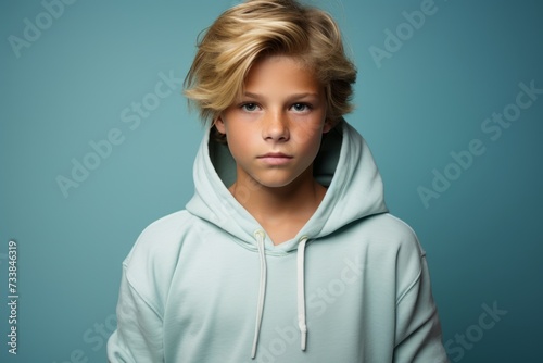 Portrait of a young teenage boy in a hoodie. Studio shot. © Iigo